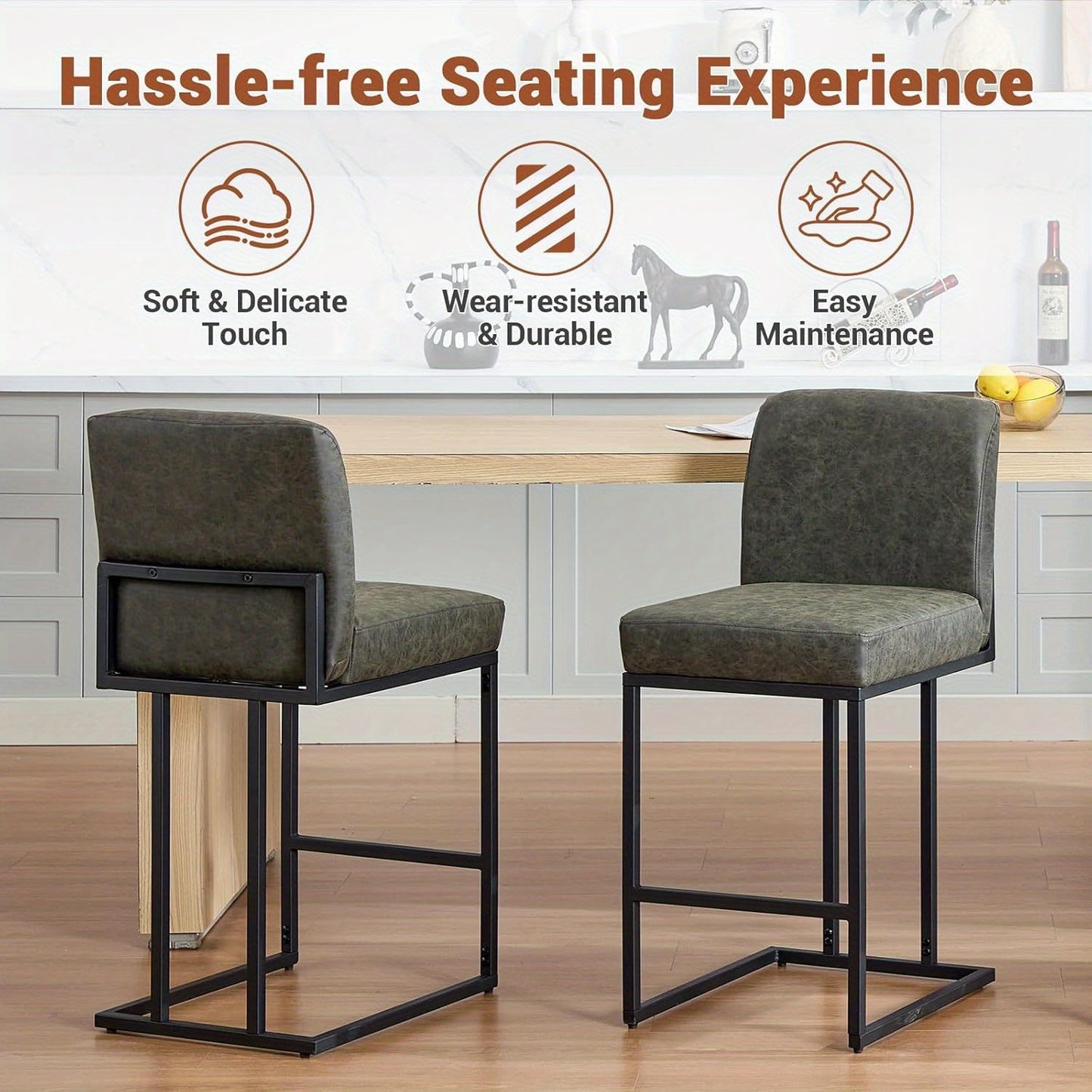 Barstoel – Barkruk – Barstoel Met Rugleuning – Keukenstoel – Barkrukken Set Van 2 – PU Leer Zitting – Stabiel Zwart Metaal Frame – Zithoogte 60,96 cm – Comfortabel Met Voetensteun