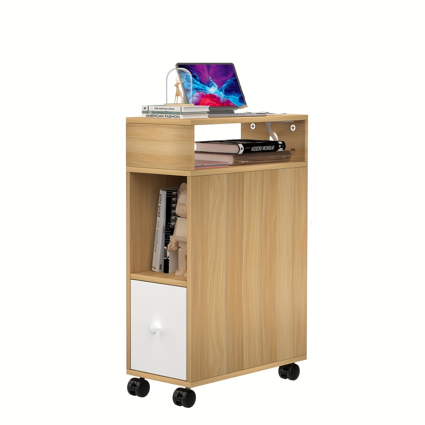 Mobile Rolling Side Table with Drawers - 77×50×25cm Narrow Side Table, Bedside Table with Storage Function, Suitable for Living Room/Bedroom, Compact Rolling Cart, with Locking Casters (Original Wood Color)