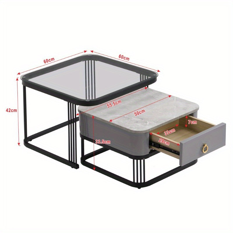 Bijzettafel – Koffietafel – Salontafel – Nachtkastje – Bijzettafeltje – Set Van 2 – Hoogglans Marmerlook Tafelblad – Zwarte Metalen Pooten Met Laden