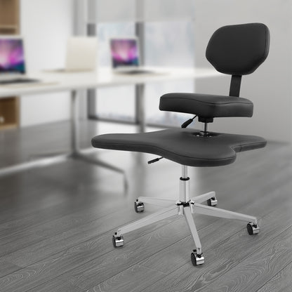 Kniestok – Kruisbeenzitstoel – Meditatiestoel – Yogastoel – Ergonomische Bureaustoel – Verstelbare Hoogte – Gietijzeren Frame, 360° Draaibaar, Zwart