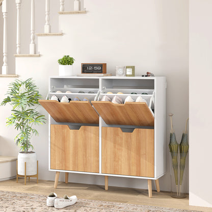 Schoenenkast – Schoenenrek – Schoenenopberger – Schoenenbank – 4 Deuren – 16 Paar Ruimte – Spaanplaat Met Houten Poten – Smal En Hoog Design