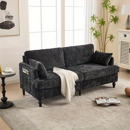 2-Zits Bank – Compacte Sofa – Tweezits Fauteuil – Loveseat – Zithoek – Chenille Bekleding – Stevige Houten Poten – Met Opbergzak – Zwart – Ruimtebesparend Design