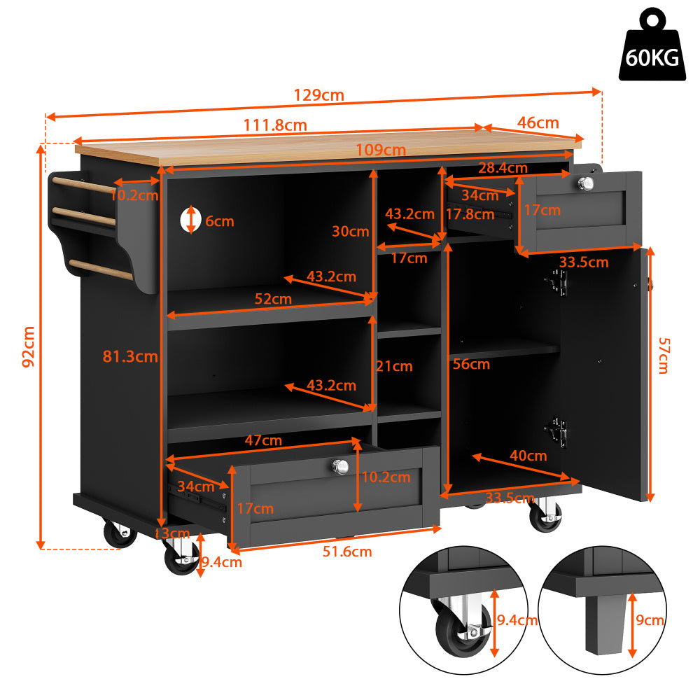 Keukentrolley – Keukenwagen – Serveerwagen – Opbergwagen – Roltafel – Met Laden en Open Planken – Compact 129x46x92 cm – Stevig Metalen Frame Op Wieltjes