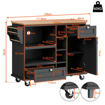 Keukentrolley – Keukenwagen – Serveerwagen – Opbergwagen – Roltafel – Met Laden en Open Planken – Compact 129x46x92 cm – Stevig Metalen Frame Op Wieltjes