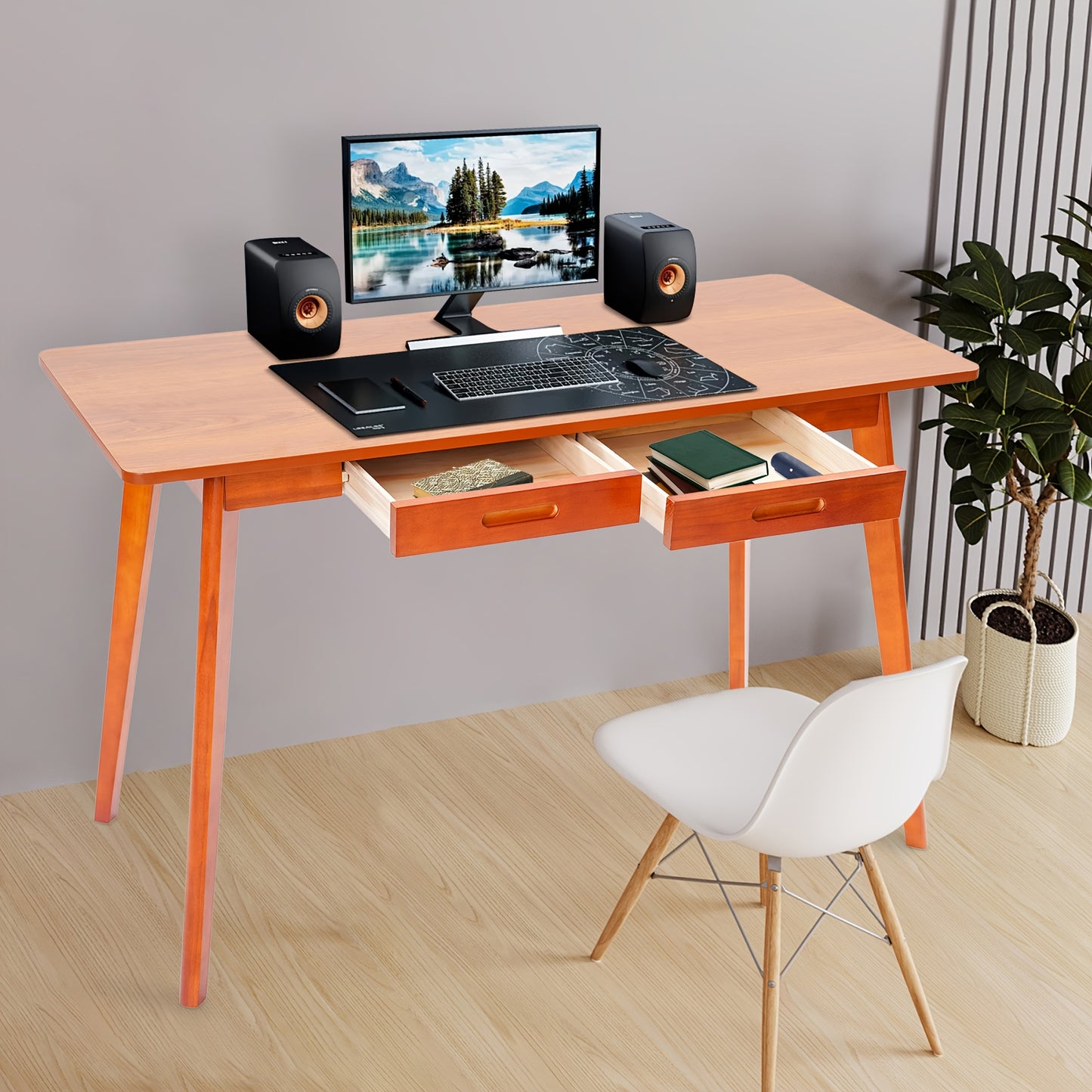Bureau – Computerbureau – Werktafel – Studietafel – Thuiswerkplek – Walnoot Kleur – 120x55 cm – 2 Lades – Stevig Rubberhout – Stille Schuiflades