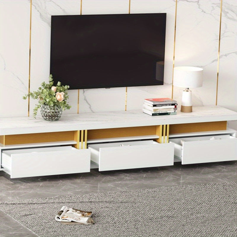 Modern TV-meubel – TV-meubel – Tv-kast – TV-standaard – Mediameubel – Marmerlook Design – Kabelmanagement – Geschikt voor 90 inch TV – 3 Ruime Lades – Duurzaam Niet-Houten Materiaal – Wit