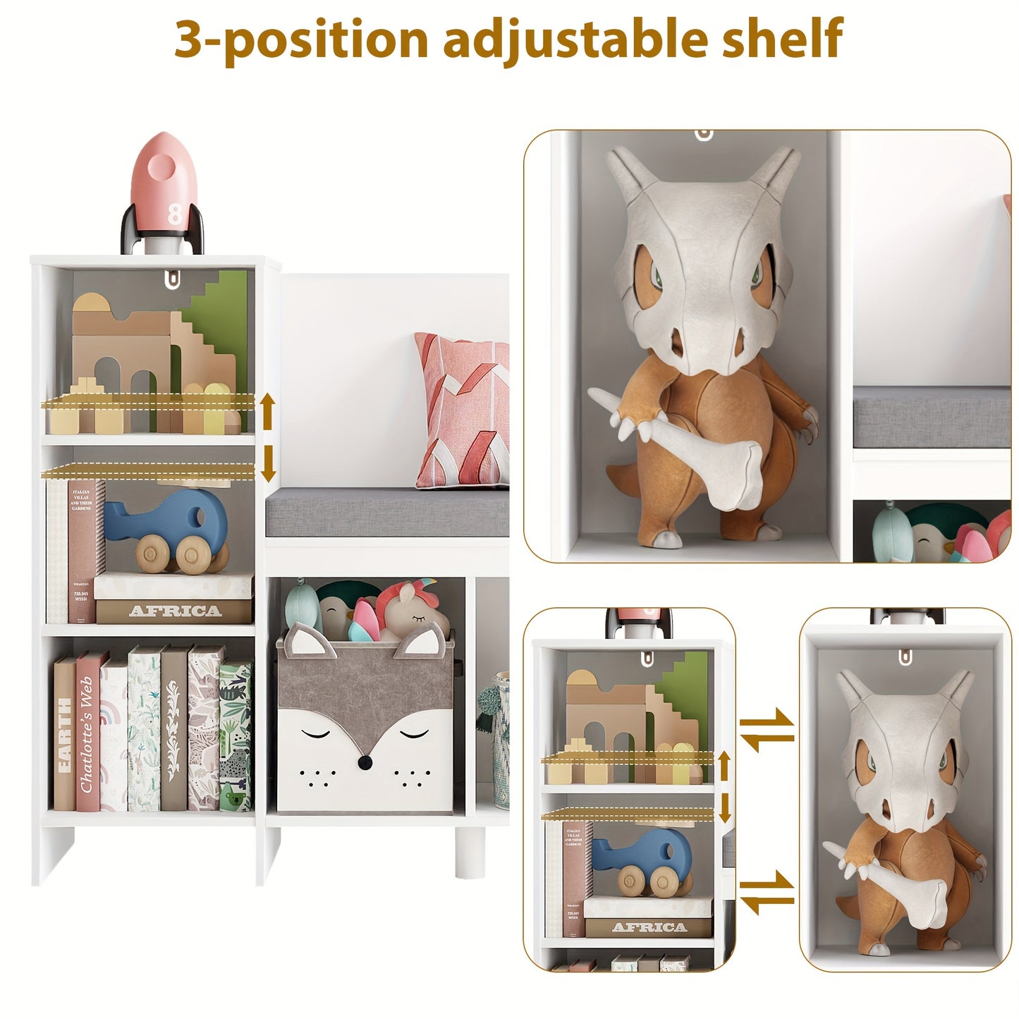 Boekenkast – Kasten – Opbergmeubel – Speelgoedrek – Zitbankje – Wit – 80,5x40x110 cm – 6 Opbergvakken – Afneembaar Wasbaar Zitkussen