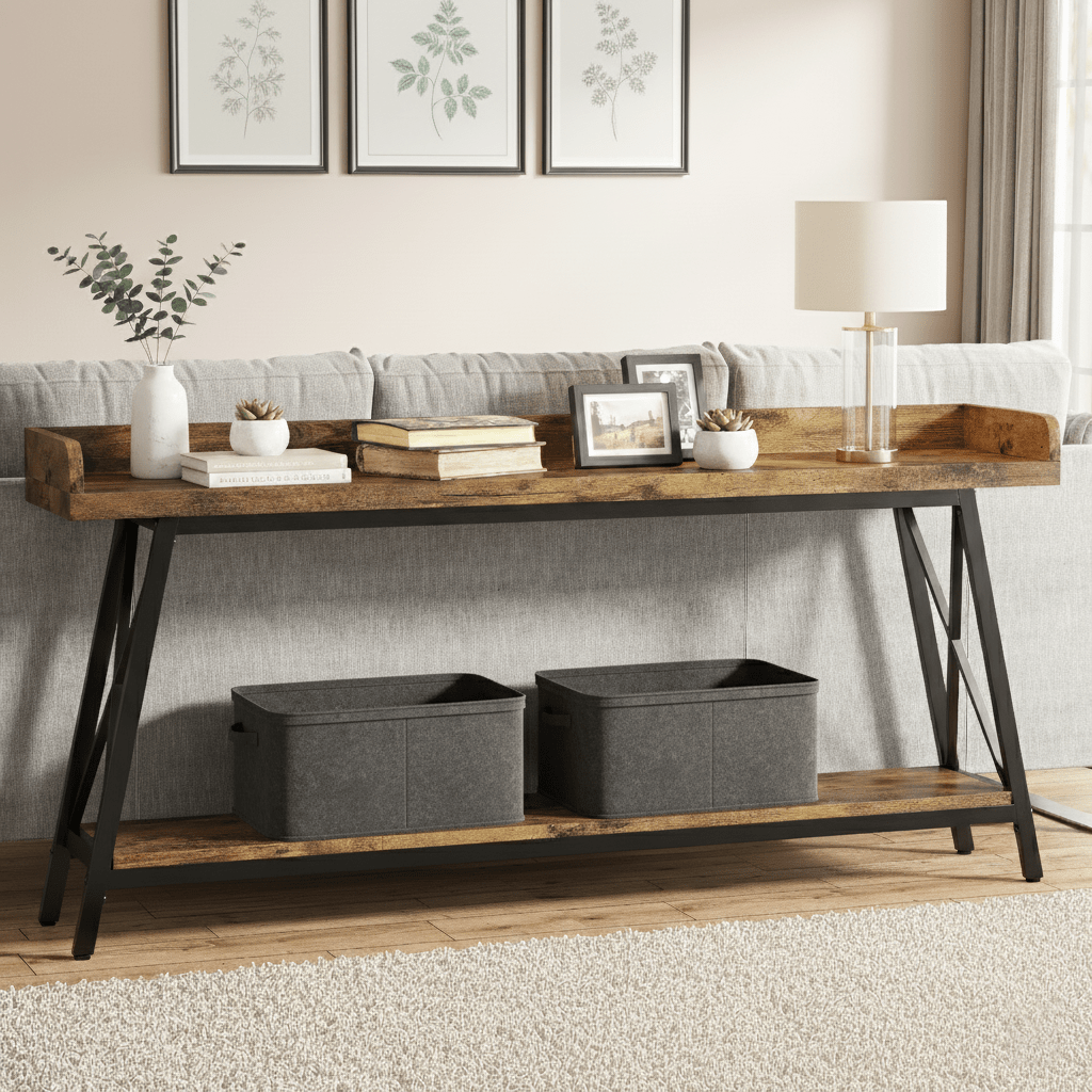 Sidetable – Consoletafel – Wandtafel – Haltafel – Bijzettafel – Extra Lang 178 cm – Industrieel Rustiek Bruin – Stevig MDF – Inclusief Krukken