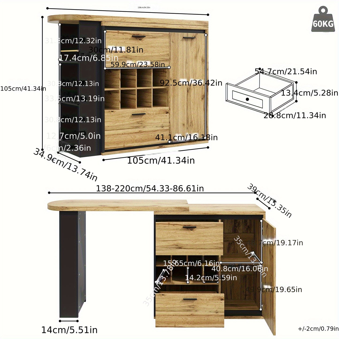 Eettafel – Keukentafel – Tafel – Uitschuifbare Tafel – Bar tafel – Verstelbaar tot 220 cm – Rattan met Opbergruimte en Wijnrek