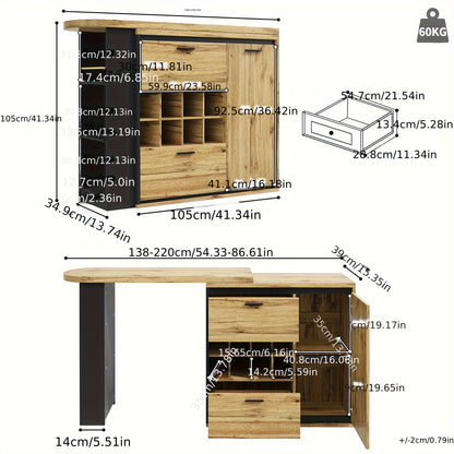 Eettafel – Keukentafel – Tafel – Uitschuifbare Tafel – Bar tafel – Verstelbaar tot 220 cm – Rattan met Opbergruimte en Wijnrek