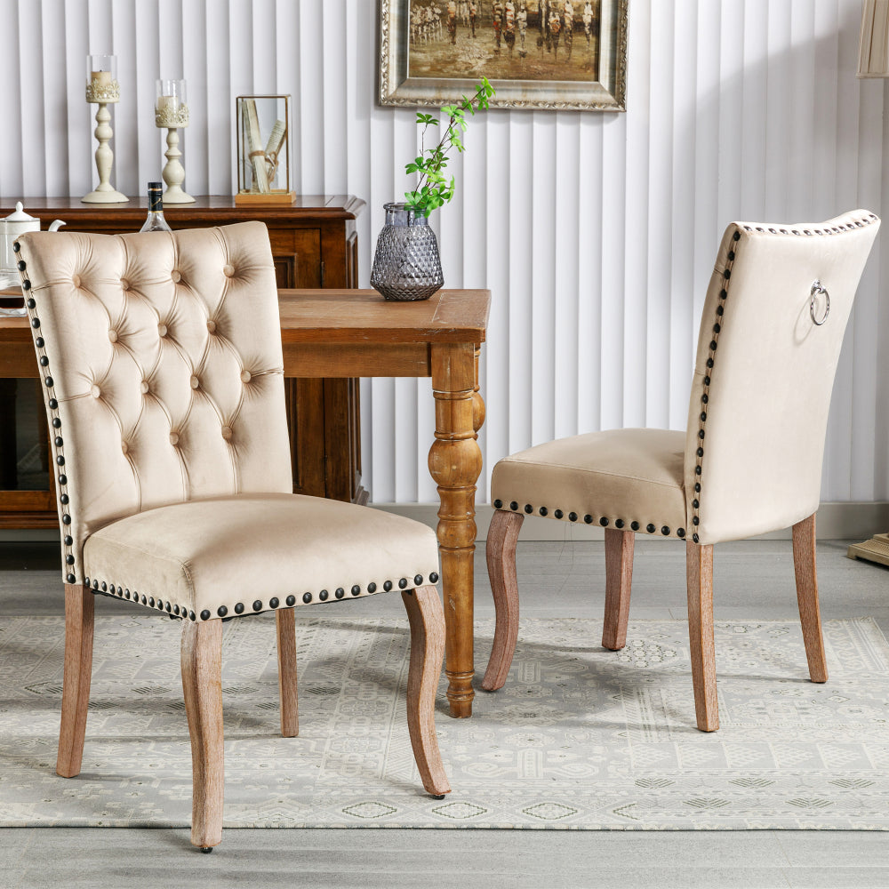 Eetkamerstoel – Stoel – Kuipstoel – Dining Chair – Draaistoel – Set Van 2 – Beige Bruin – Fluwelen Bekleding – Zwart Nagelrand – Gemakkelijk Schoon Te Maken