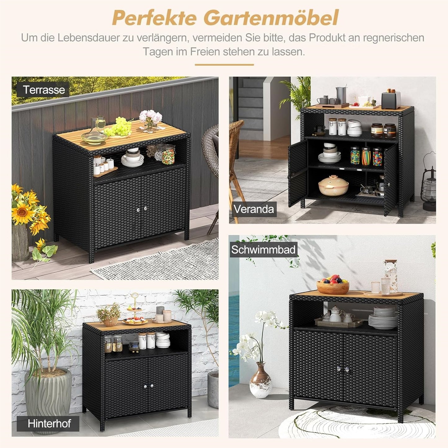 Tuinkast Rattan Kast Buitenberging Opbergkast Tuinmeubel – Zwart – 90x53x86 cm – Acaciahouten Werkblad – Weerbestendig Metalen Frame
