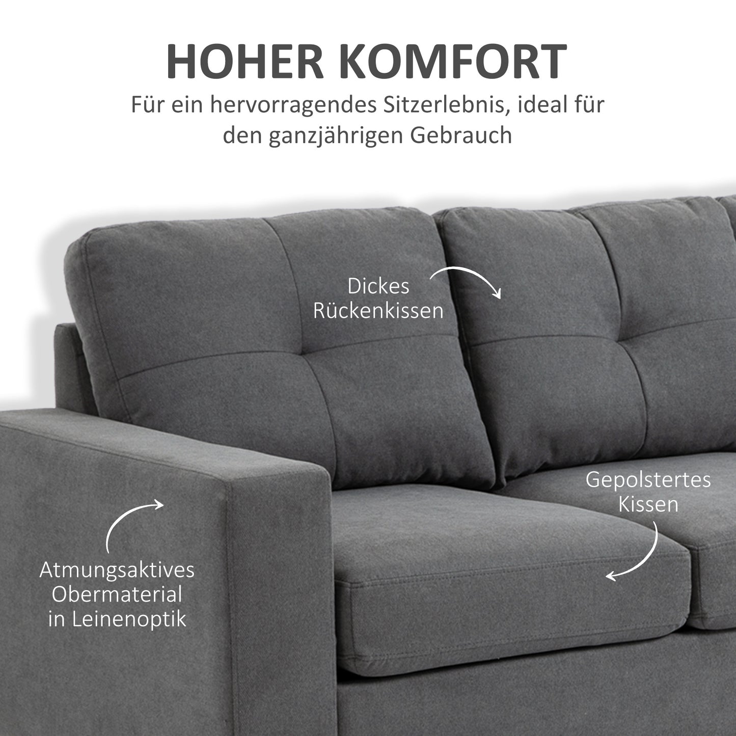 Hoekbank – Loungebank – Sofa – Hoeksalon – 3-Zitsbank – Linnen Look Stof – Chaise Longue – Stevig Houten Frame – 193x136x85 cm