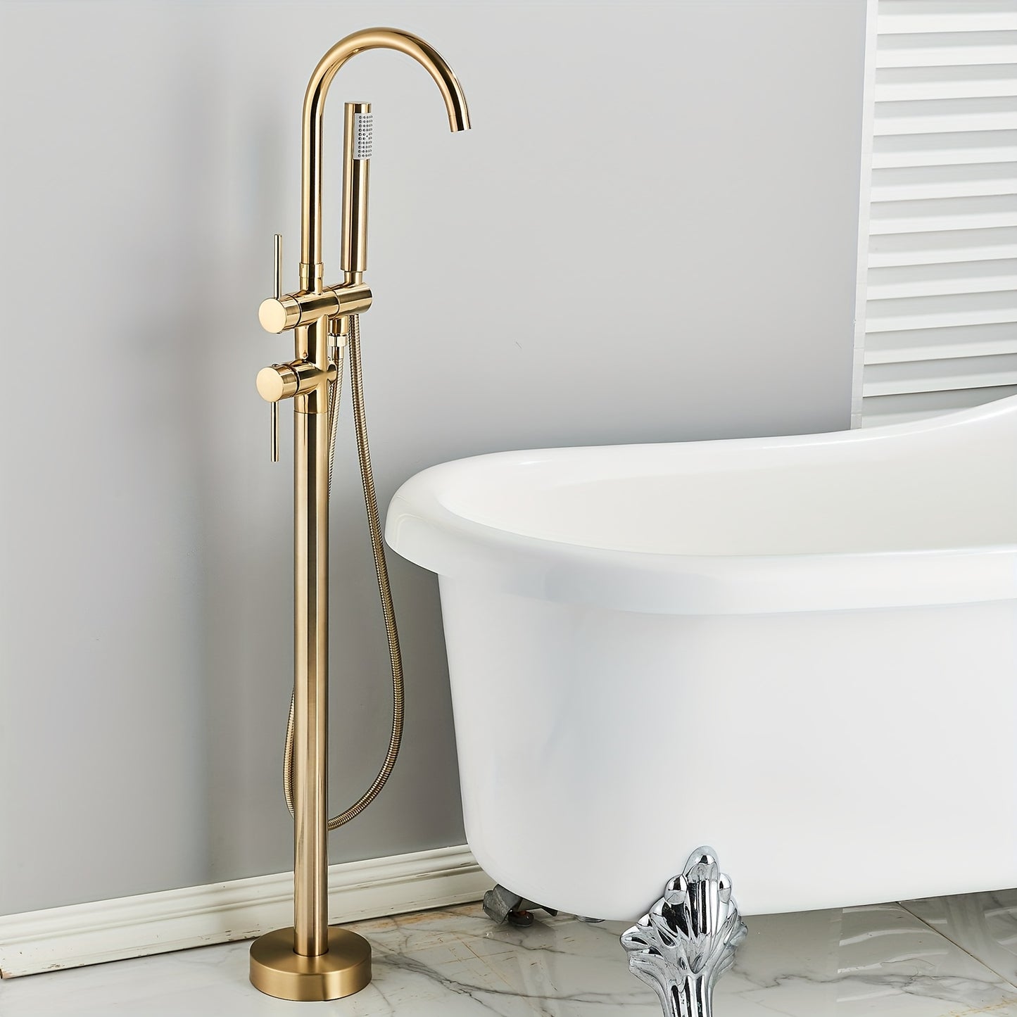 Vrijstaande Badkraan – Vloerkraan – Badmengkraan – Vloermontage Kraan – Staande Mengkraan – Geborsteld Goud – 118 cm Hoog – Keramische Valve