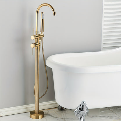 Vrijstaande Badkraan – Vloerkraan – Badmengkraan – Vloermontage Kraan – Staande Mengkraan – Geborsteld Goud – 118 cm Hoog – Keramische Valve