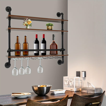 Wijnrek – Flessenrek – Wijnhouder – Wandrek – Wijnopslag – Industrieel Design – Metaal & Hout – Wandmontage – 3 Niveaus – Veiligheidsrand