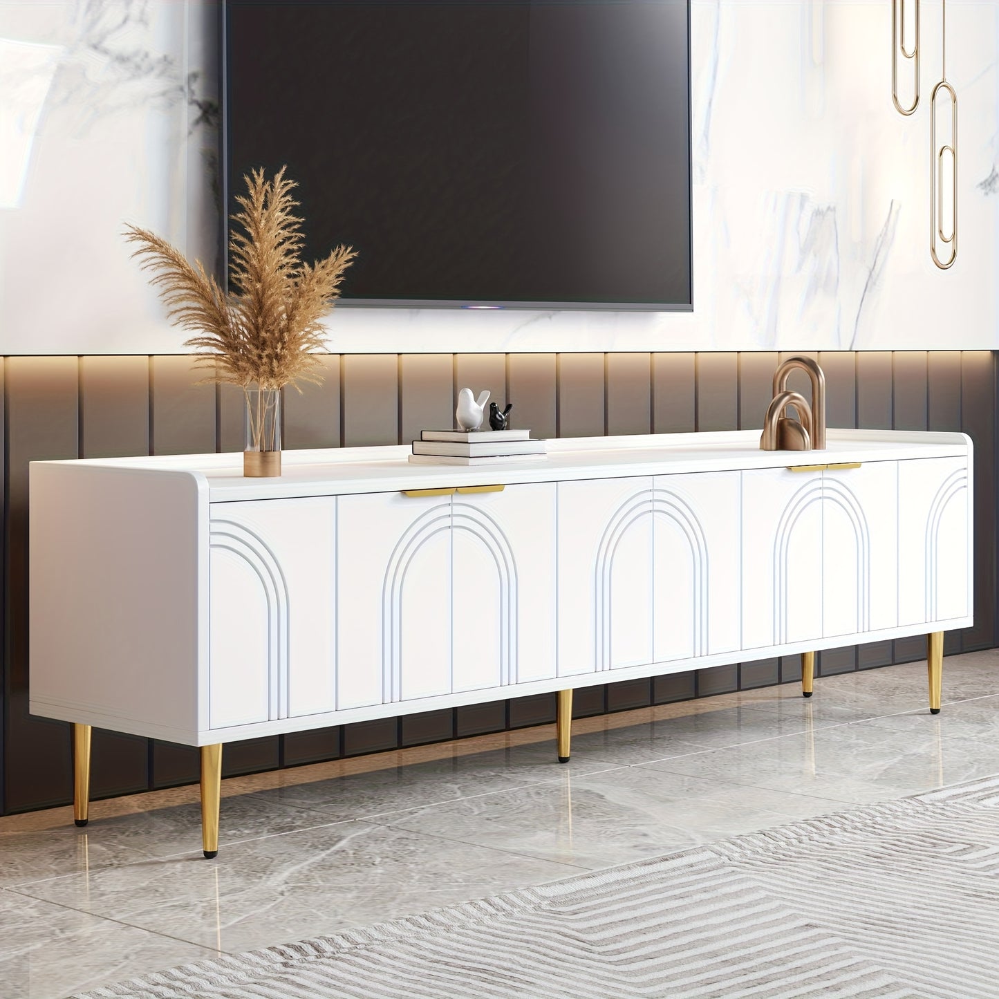 tv meubel – tv kast – tv meubelen – tv koffietafel – lowboard – klassiek design met glazen deuren – gouden handgrepen en poten – staand vloermodel – zonder montage