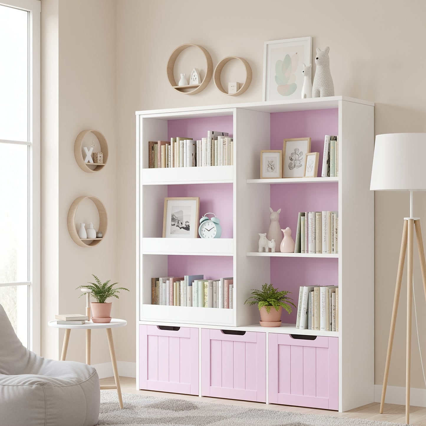 Boekenkast – Boekenrek – Opbergkast – Vakkenkast – Kast met lades – Houten constructie – Wieltjes voor mobiliteit