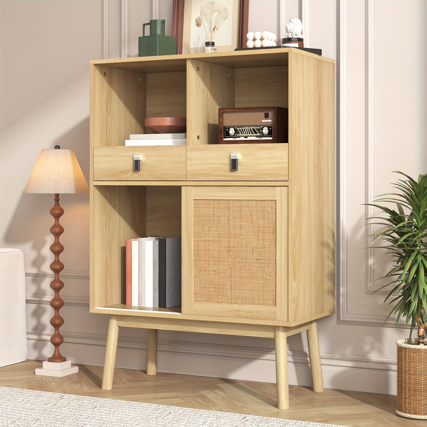 Nachtkastje – Ladekast – Opbergkast – Wandkast – Dressoir – Gevlochten Rattan – 80x39,5x120 cm – 2 Lades & 2 Open Vakken – Modern Design