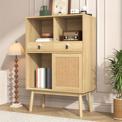 Nachtkastje – Ladekast – Opbergkast – Wandkast – Dressoir – Gevlochten Rattan – 80x39,5x120 cm – 2 Lades & 2 Open Vakken – Modern Design