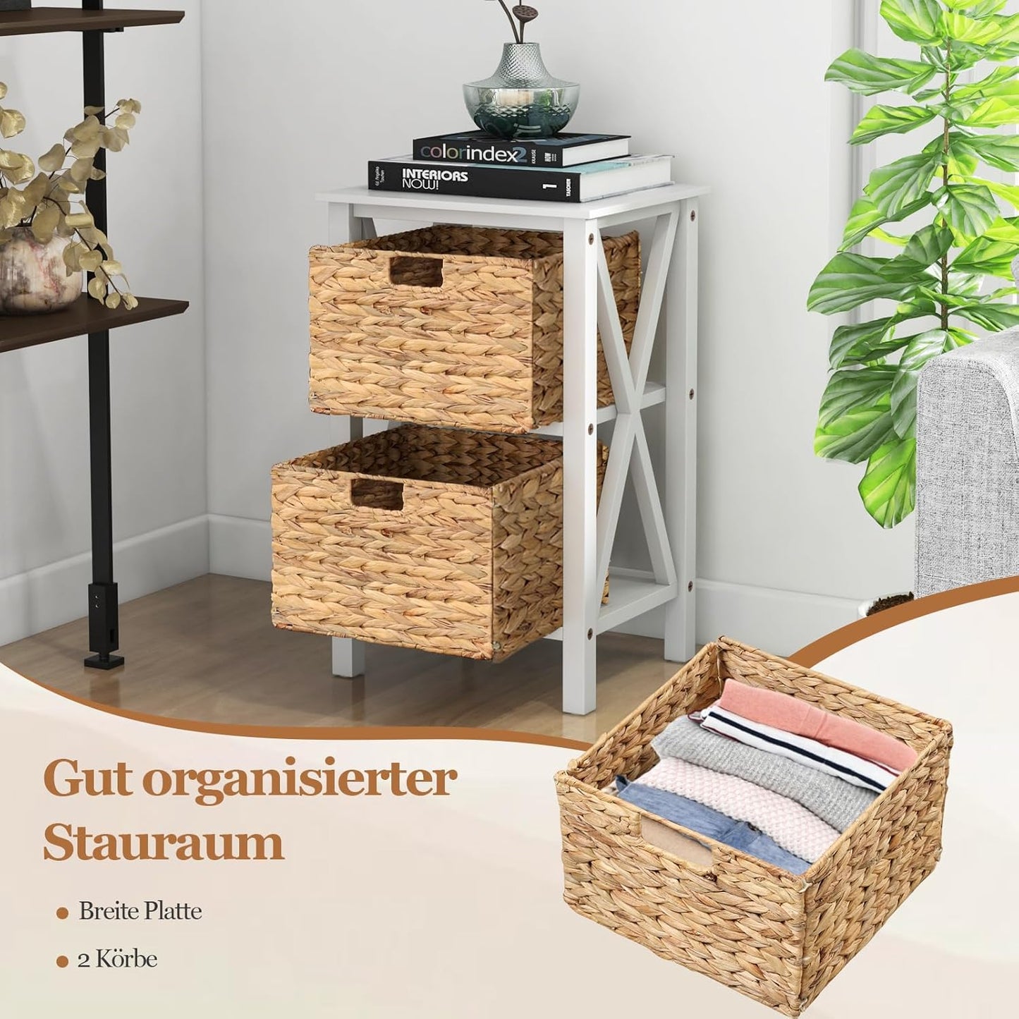 Nachtkastje – Bijzettafel – Opbergkastje – Slaapkamerkastje – Mandenkastje – Set van 2 – Smal X-Design – MDF Met Rotan Manden – 3 Niveaus – Wit