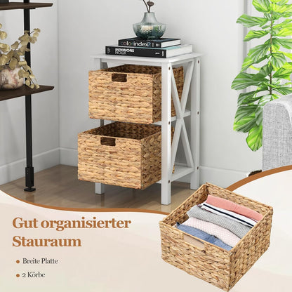 Nachtkastje – Bijzettafel – Opbergkastje – Slaapkamerkastje – Mandenkastje – Set van 2 – Smal X-Design – MDF Met Rotan Manden – 3 Niveaus – Wit