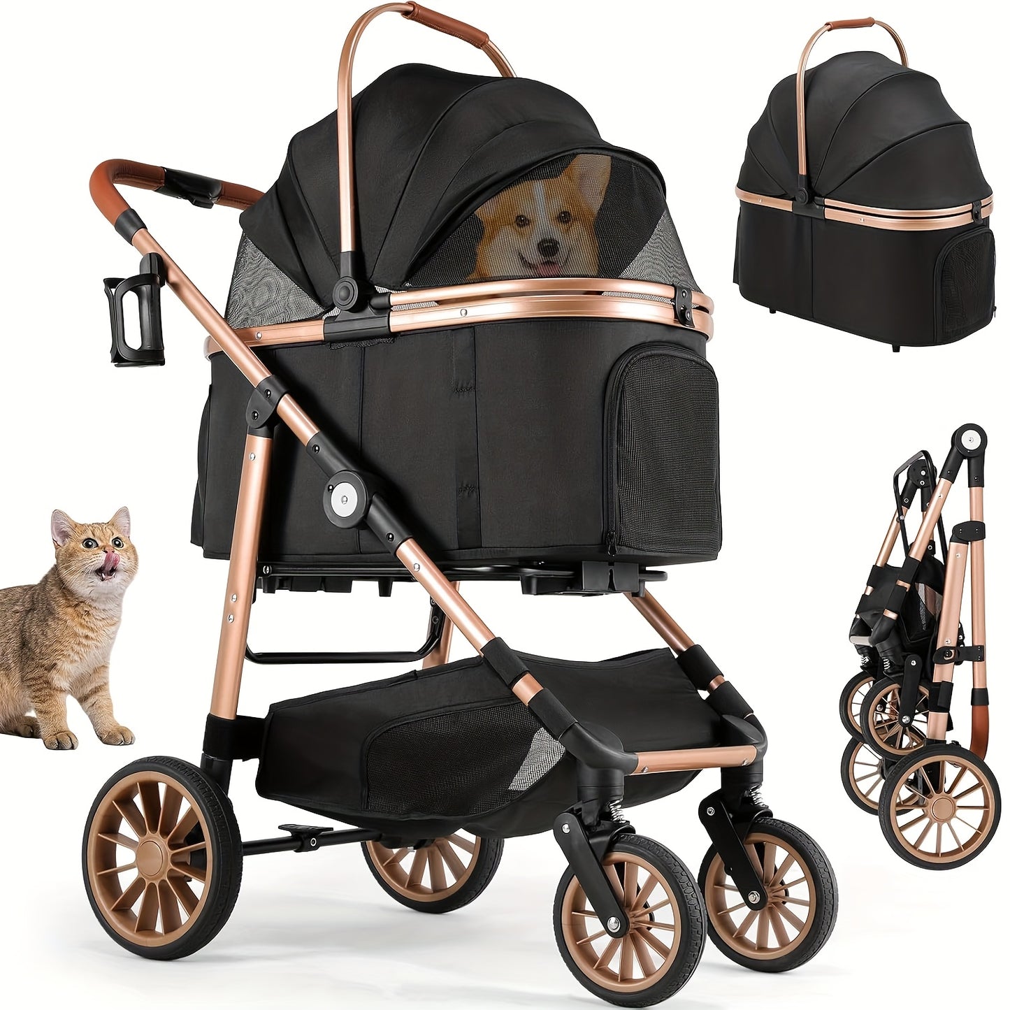 Huisdierenwagen – Dierenwagen – Hondenwagen – Kattenwagen – Draagmand – Champagne Golden + Zwart – 4-in-1 Multifunctioneel – Stevig Carbon Stalen Frame