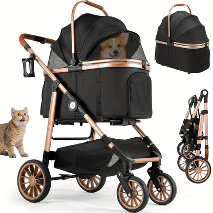 Huisdierenwagen – Dierenwagen – Hondenwagen – Kattenwagen – Draagmand – Champagne Golden + Zwart – 4-in-1 Multifunctioneel – Stevig Carbon Stalen Frame