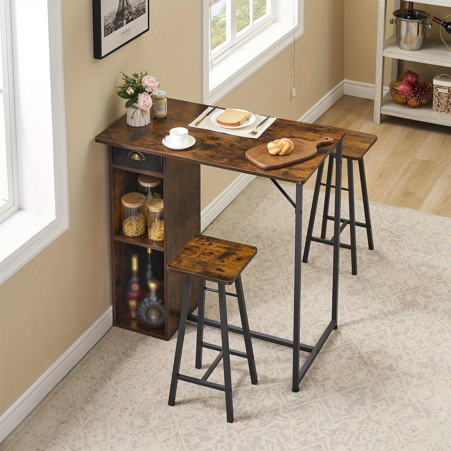 3pcs Dining Table Set for 2, Kitchen Table and Chairs with Storage Drawer & Shelf - Compact Kitchen Table and 2 Bar Stools, Perfect for Small Kitchens, Apartments, Brown, Spacesaving Furniture, Minimalist Furniture, Contempor