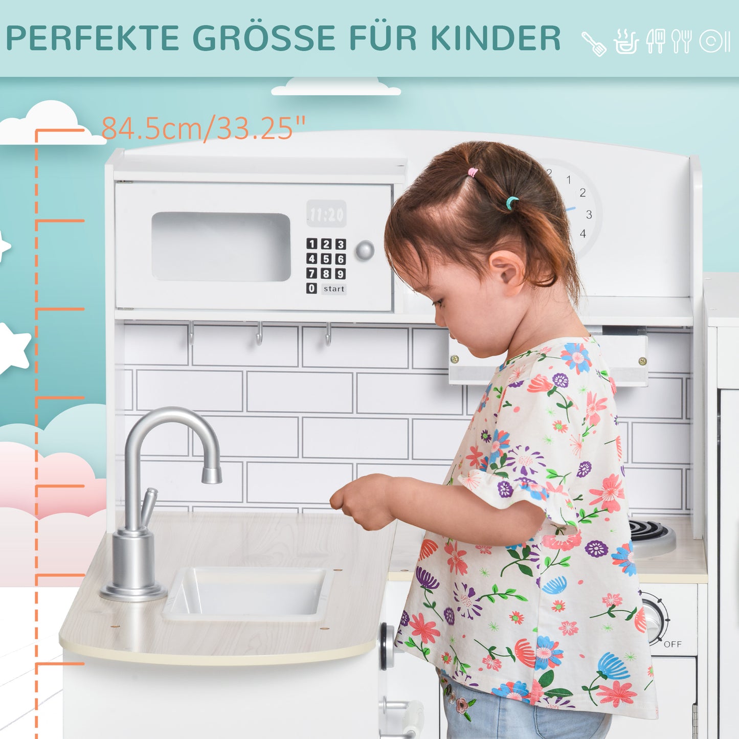 Speelkeuken – Kinderkeuken – Speelkeukentje – Speelkeukentje Voor Kinderen – Wit – 14-delige Accessoireset – Elektrische Waterdispenser – Afmeting 86x64x84,5 cm