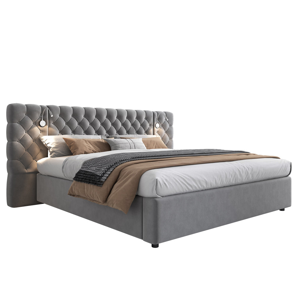 Bedkasten – Nachtkastje – Bijzettafel – Ladekast – Opbergkast – Tweepersoonsbed 160x200 cm – Hydraulisch Liftsysteem – Ruime Opbergruimte – Modern Grijs