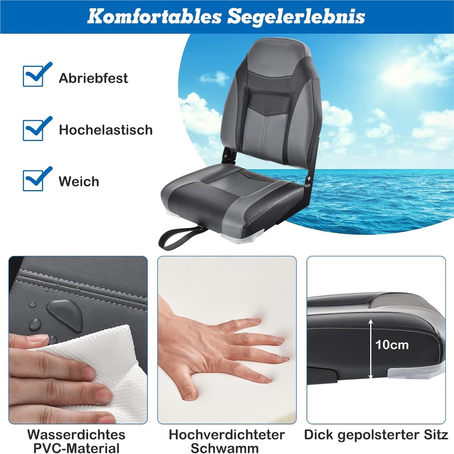 Bootstoel – Bootstoel Klapstoel Stuurstoel Bootmeubel – Vouwbaar – Ergonomische Hoge Rugleuning – 10 cm Dik Schuim – Set van 2 Zwart