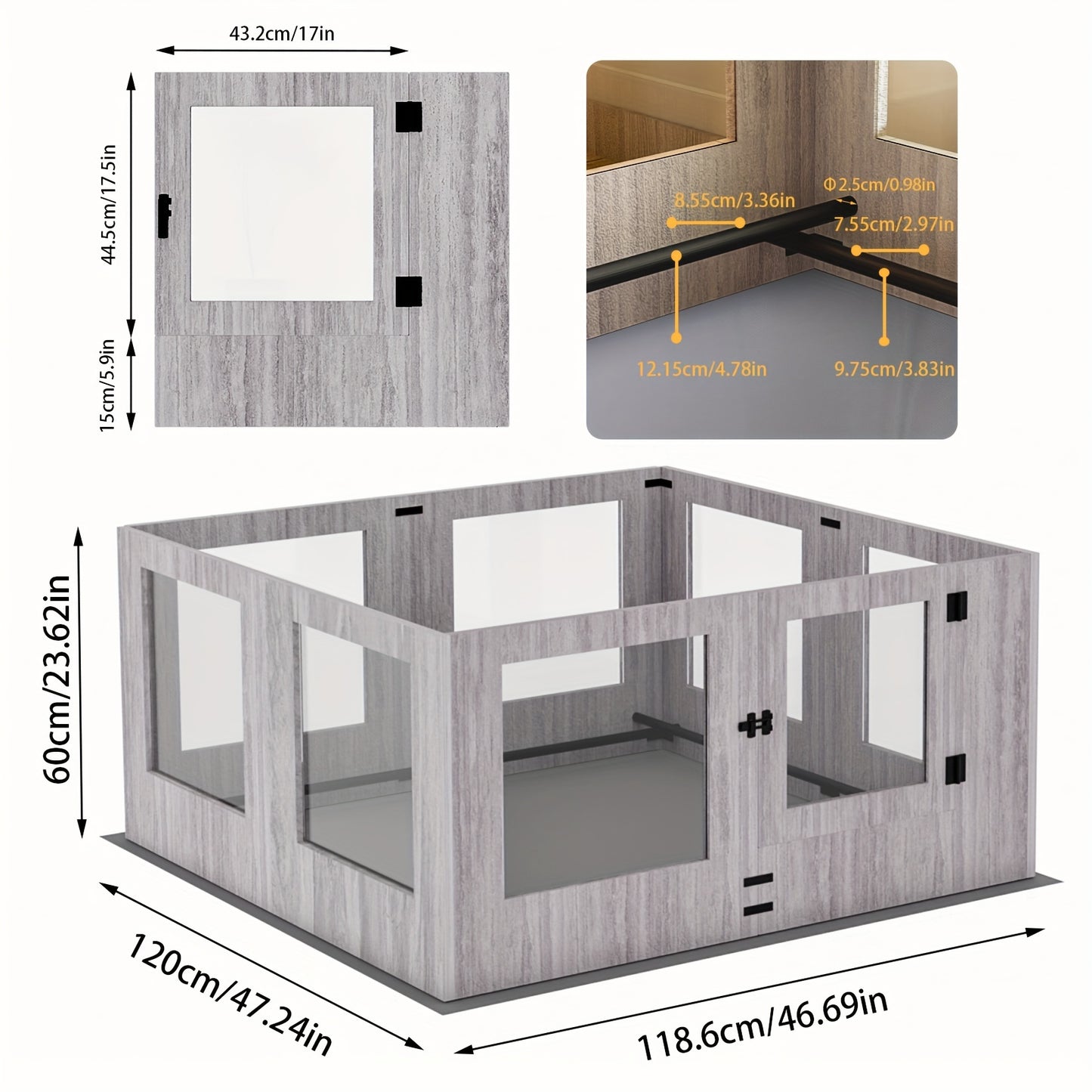 Puppyren – Puppybox – Hondenren – Hondenbench – Opfokbox – Tempered Glass & Houten Frame – 60 cm Hoogte met Beschermrails en Waterdichte Antislip Mat