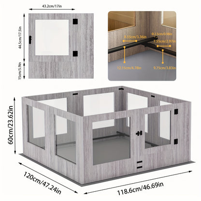 Puppyren – Puppybox – Hondenren – Hondenbench – Opfokbox – Tempered Glass & Houten Frame – 60 cm Hoogte met Beschermrails en Waterdichte Antislip Mat