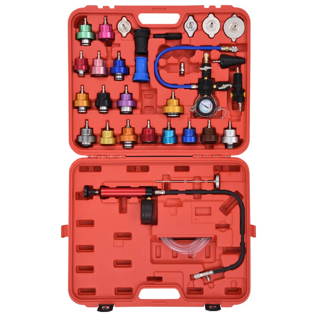 Radiatordruktester – Koelvloeistoftester – Koelsysteemtester – Lekdetectieapparaat – Radiatorlekkage Checker – Aluminium Uitvoering – Kleurgecodeerde Doppen