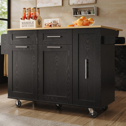 Modern Kitchen Island, Kitchen Cabinet, Buffet Cabinet, Dining Cart with Wood Veneer, Multifunctional Dining Table with Storage Space, Dining Cart with Snack Shelves And Stretch Function Cabinets, Black.
