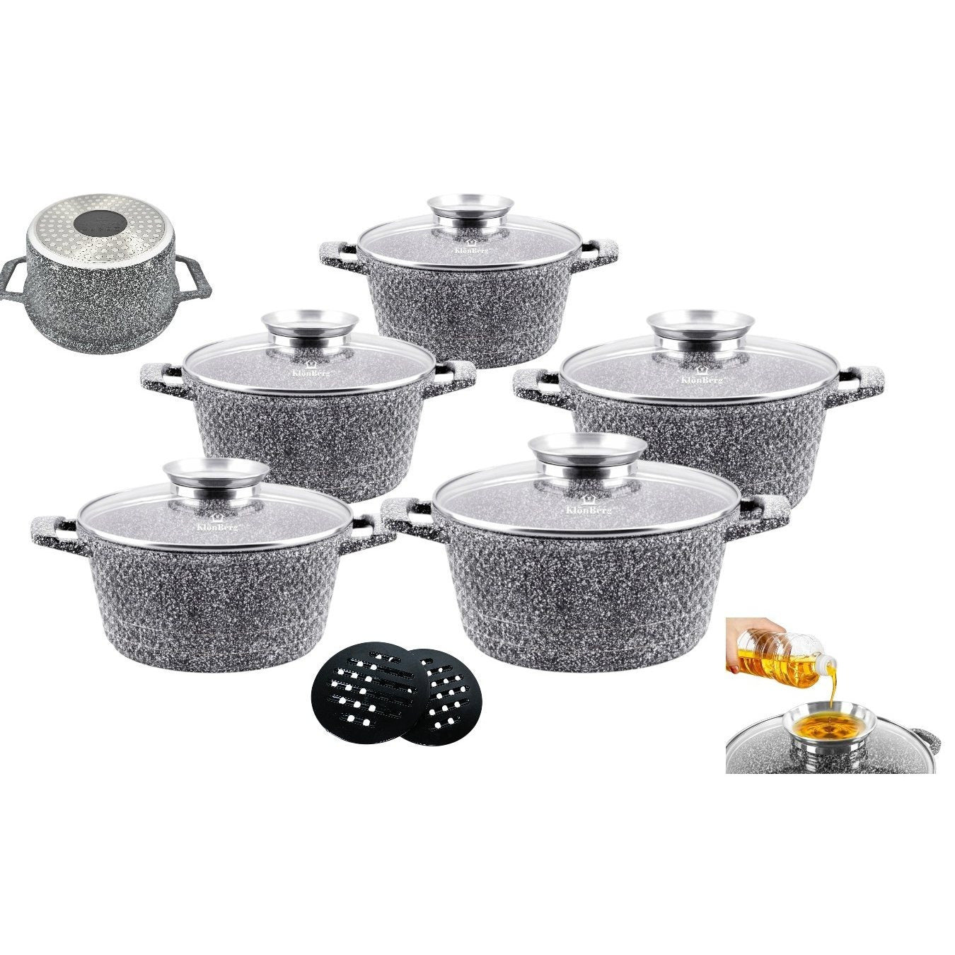 10-delige Pannenset – Kookpannen – Braadpannen – Stoofpannen – Pottenset – Marmer Coating – Inductie Geschikt – Anti-aanbaklaag