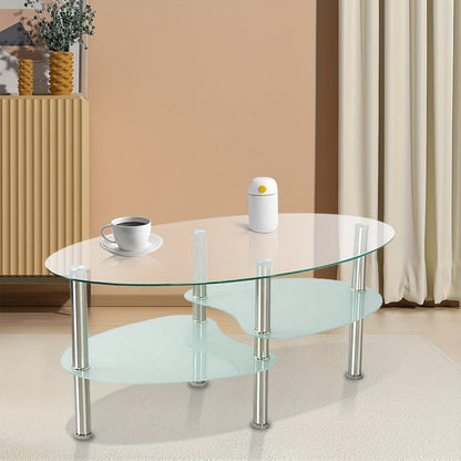 Salontafel – Koffietafel – Bijzettafel – Woonkamertafel – Tafel – Modern – Gehard Glas – Ovaal – Met Metalen Poten – 2 Opbergniveaus – 90x50x43 cm