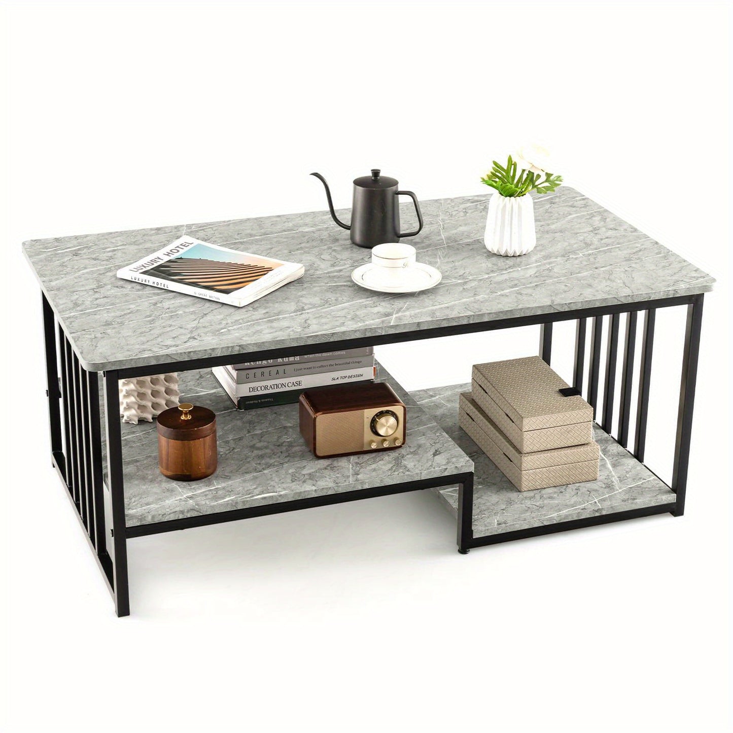 Grijze Marmeren Salontafel – Koffietafel – Bijzettafel – Woonkamertafel – Tafel Met Opbergruimte – Zwart Metalen Onderstel – Tweelaags Ontwerp – Stevig En Duurzaam