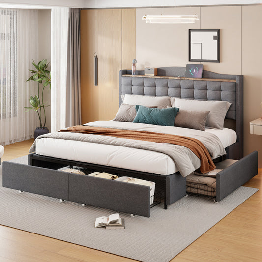 Ledikant 160x200 – Tweepersoonsbed – Bedframe – Opbergbed – Gestoffeerd Bed – Linnen Stof – Ingebouwde Oplaadpoort – 4 Laden Opbergruimte