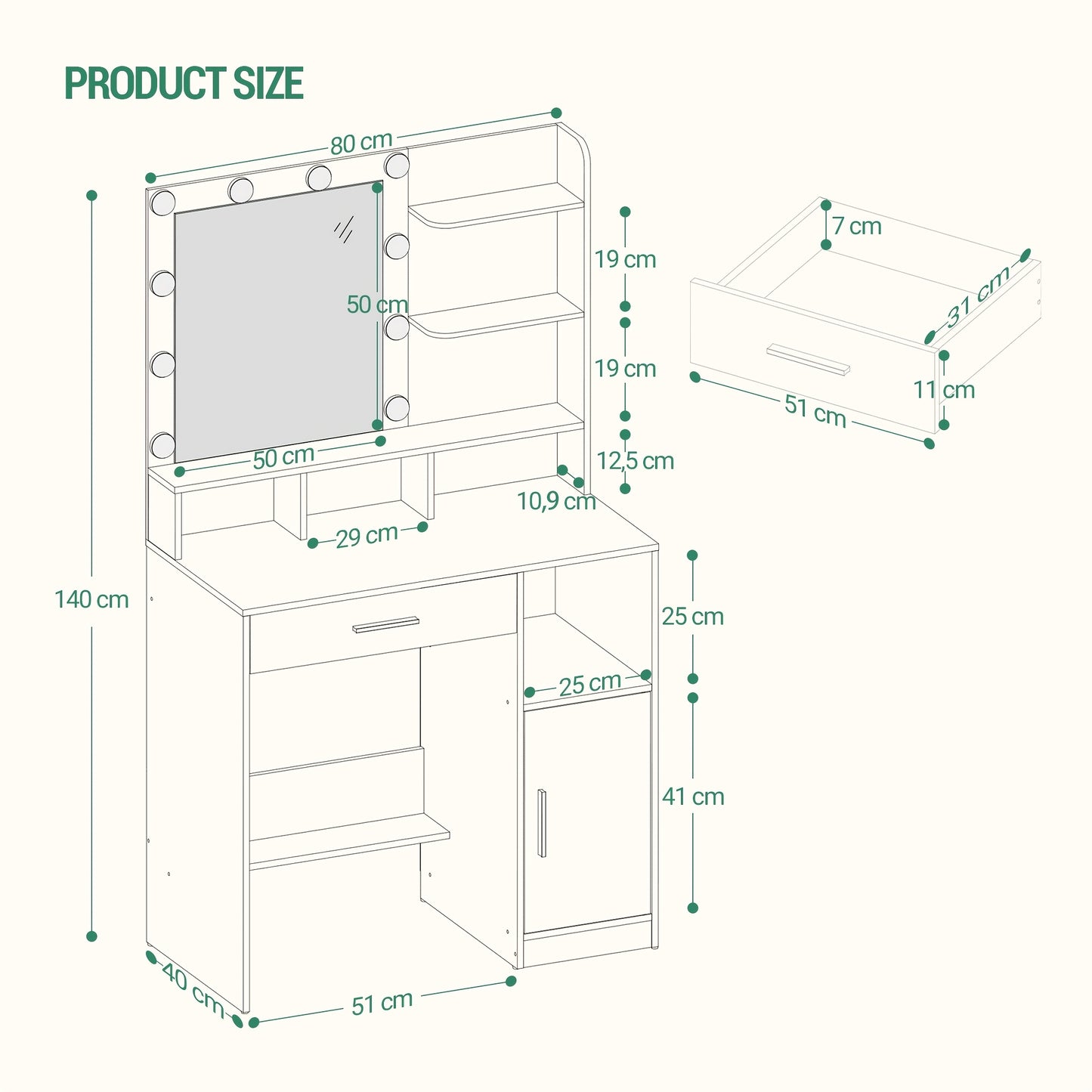 Make-uptafel – Kaptafel – Schminktafel – Dressoir – Vanity – Wit – Met Spiegel en 10 LED Lampjes – 3 Verstelbare Helderniveaus – Veel Opbergruimte met Lade en Kastje
