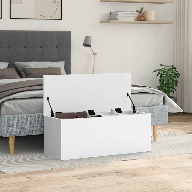 White Modern Minimalist Wooden Storage Box with Open Lid - Large Rectangular Organizer Chest for Bedroom, Living Room, Home Office - Sturdy Wooden Construction, Space-Saving Design, Multi-Purpose Furniture for Clothes, s