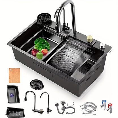Keukenspoelbak – Spoelbak – Keukensink – RVS Spoelbak – Enkelvoudige Bak – 75 cm – Zwart RVS – Uittrekbare Kraan