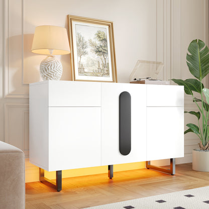Sideboard, modern sideboard, 120cm, featuring ample storage space, drawers and cabinet doors, white finish with black handles and metal legs, suitable for dining rooms, living rooms or kitchens.