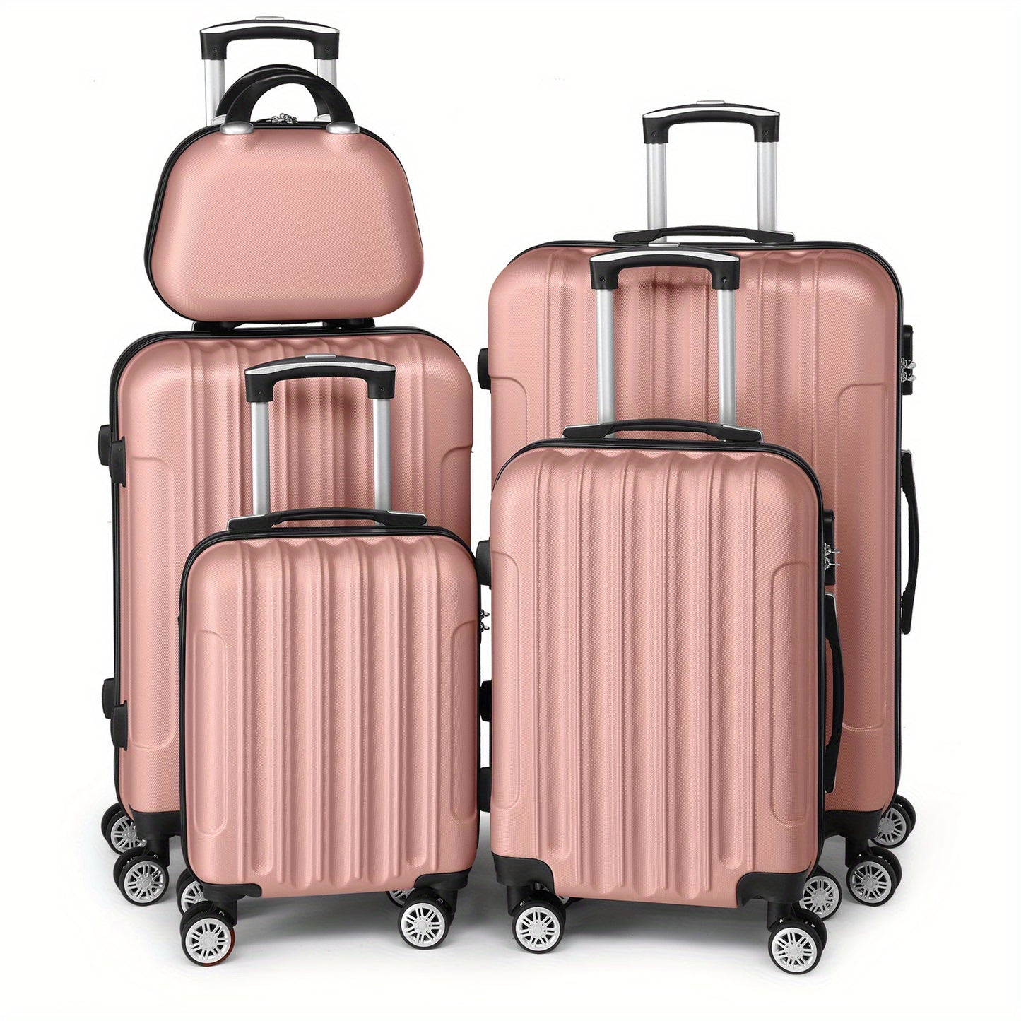 Kofferset – Reiskoffers – Bagageset – Trolleykoffers – Harde Koffers – 5-delig – ABS Hardcase – 12” tot 28” – TSA-slot – 360° Zwenkwielen – Roze Goud