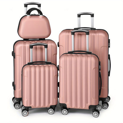 Kofferset – Reiskoffers – Bagageset – Trolleykoffers – Harde Koffers – 5-delig – ABS Hardcase – 12” tot 28” – TSA-slot – 360° Zwenkwielen – Roze Goud