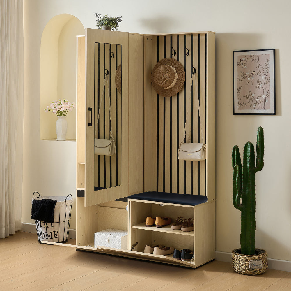 Halmeubel – Kapstok – Schoenenkast – Garderobe – Opbergmeubel – Met Spiegel en Bankje – Uittrekbare Kledingrail en 4 Haken – Ruimtebesparend Design voor Kleine Hal