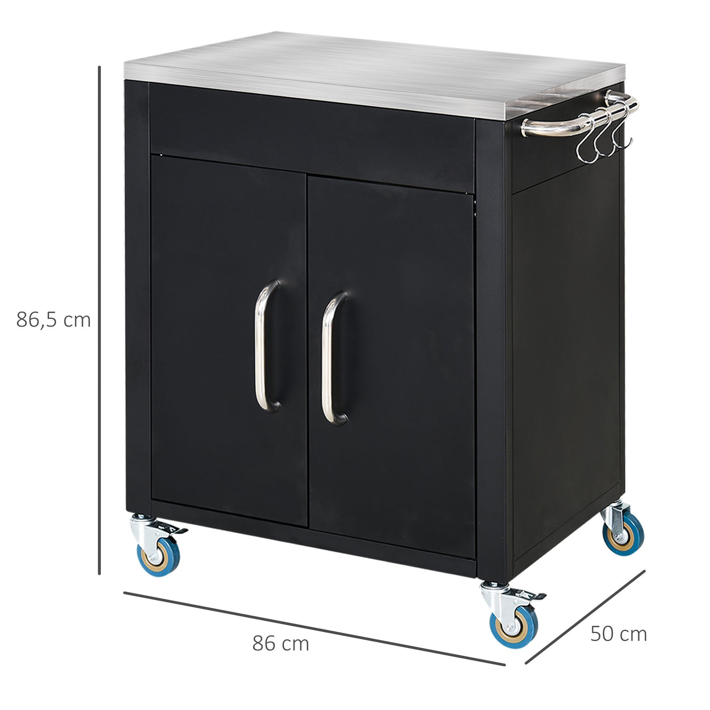 Keukentrolley – Serveerwagen – Werktafel – Barbecuewagen – Keukenwagen – Zwart – RVS Werkblad – Vier Wielen Mobiel