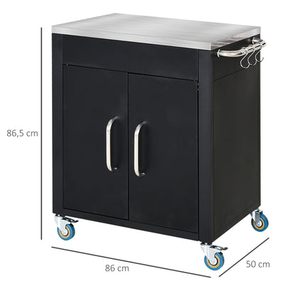 Keukentrolley – Serveerwagen – Werktafel – Barbecuewagen – Keukenwagen – Zwart – RVS Werkblad – Vier Wielen Mobiel