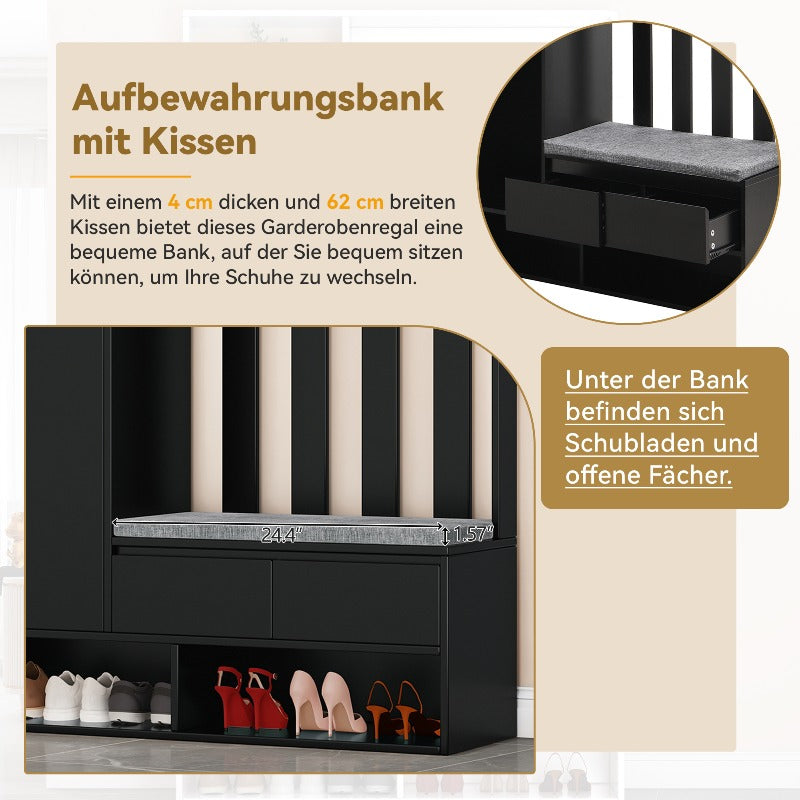 Schoenenkast – Schoenenrek – Schoenenbank – Schoenenopberger – Hal Organizer – Met 4 Haken – Zwart Metalen Frame – Gevoerde Zitplek – 180x100x35 cm – Ruimtebesparend – Duurzaam